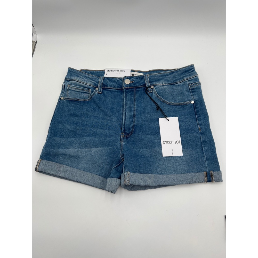 C'est Toi Mid Rise Cuffed Denim Shorts Women's Size L Jean Shorts Medium Wash